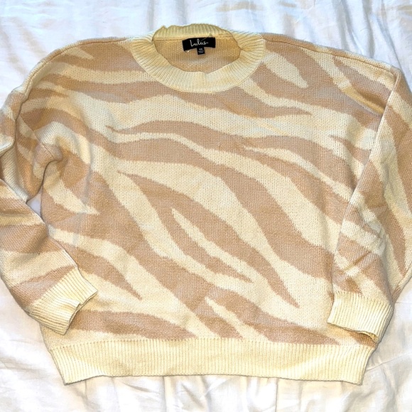 Lulus Beige Zebra Print Knit Sweater - Picture 3 of 6